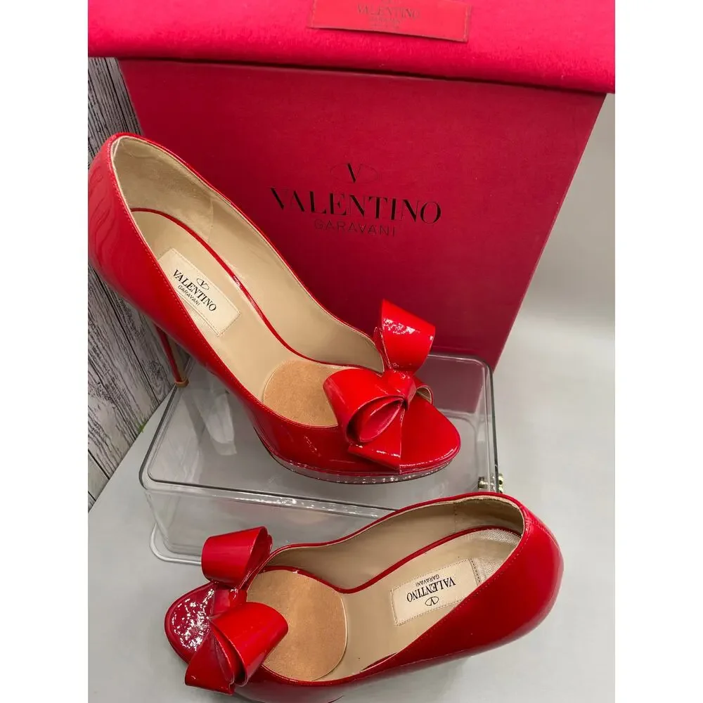 Valentino‎ Garavani Couture Open Toe Bow Red Patton Leather Womans Pump Heels 39
